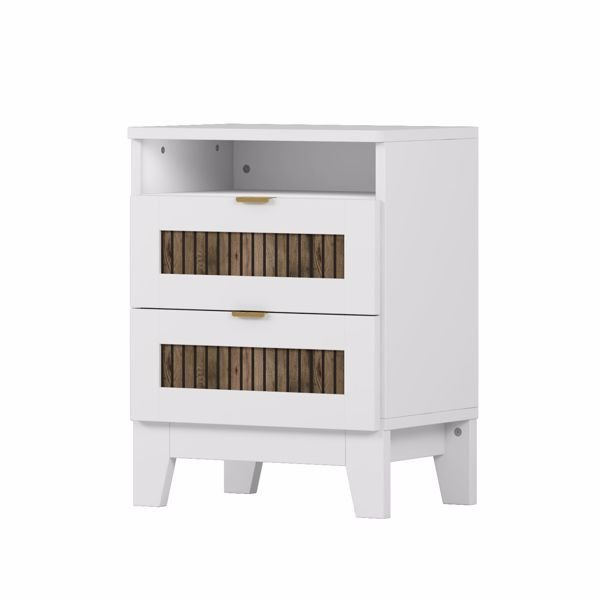 2-Drawer Farmhouse Wooden Nightstand with Wooden Strip Decoration and Metal Handle, Wood Side Table with Storage Cabinet for Bedroom, White 2-Drawer Farmhouse Wooden Nightstand with Wooden Strip Decoration and Metal Handle, Wood Side Table with Storage Cabinet for Bedroom, White